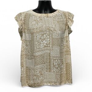 LOFT Floral Ruffle Sleeve Blouse XL Tan White Lightweight Top